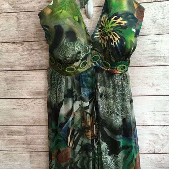 MIDNIGHT VELVET 100% SILK MAXI DRESS IN TROPICAL PRINT - Picture 11 of 12
